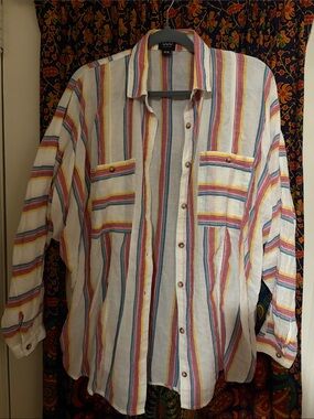 BDG White Button-Down Shirt with Multicolor Vertical Stripes